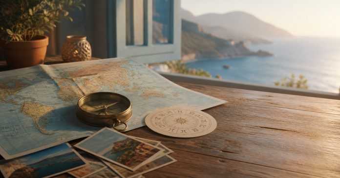 Map, compass and zodiac wheel for a 2026 zodiac travel guide