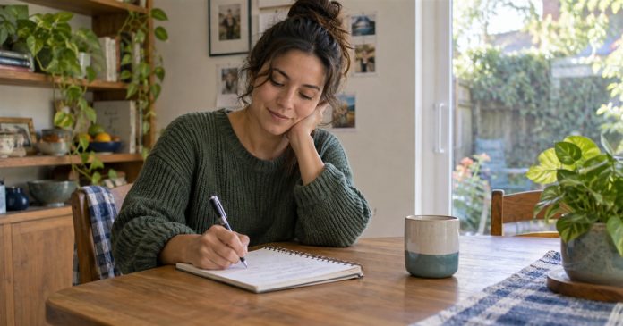 Adult writing relationship values at a modest home dining table