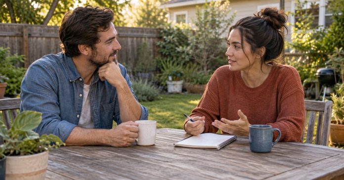 Two adults discussing relationship expectations at a backyard table