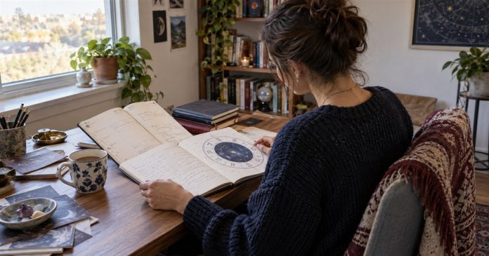 Reviewing an Old Astrology Forecast at Home Person reviewing an old planner and astrology notes at a home-office desk