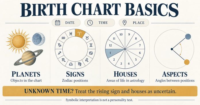 Birth chart guide showing date, time and place inputs, then planets, signs, houses and aspects, with an uncertainty reminder.