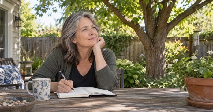 Illustrative mature woman journaling at a modest backyard table beside a tree