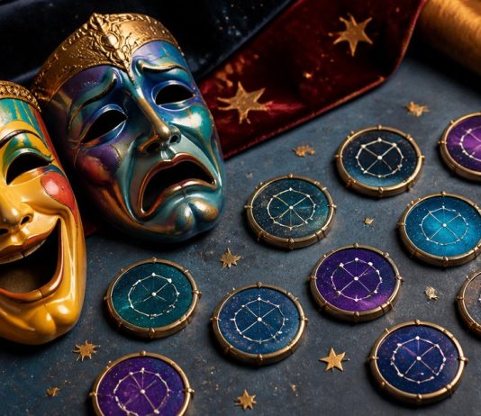 The Funniest Zodiac Signs—and Every Sign’s Humor Style Theater masks and constellation tokens representing zodiac humor styles