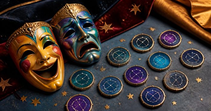 Theater masks and constellation tokens representing zodiac humor styles