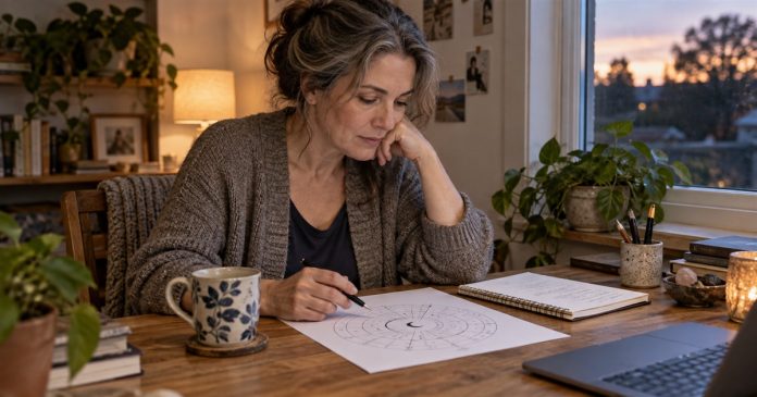 Illustrative mature woman studying a Moon-themed chart at a modest home-office desk