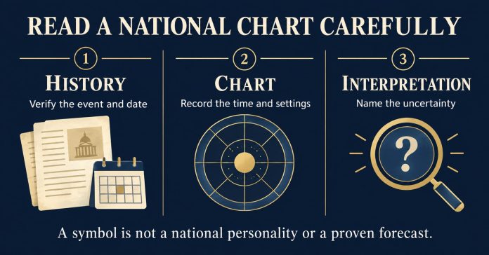 Three layers to check in a national astrology claim Infographic separates a documented historical event, chosen chart settings and an astrological interpretation.
