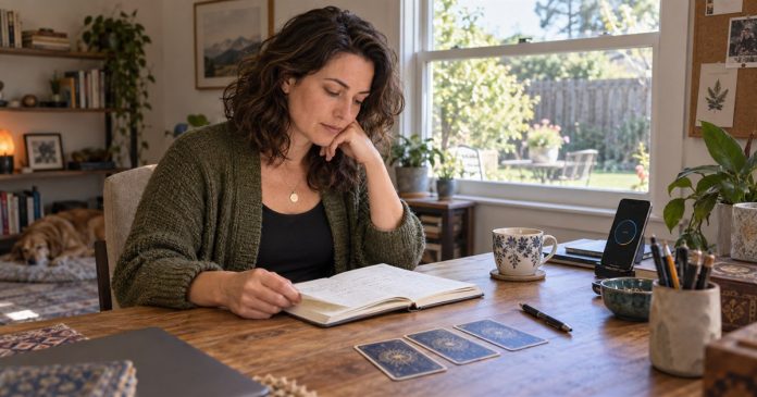 Adult reviewing psychic reading notes at a home office desk