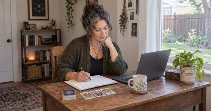 Psychic advisor reviewing notes at a modest home office desk