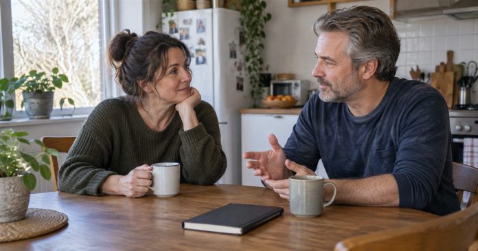 Illustrative adults discussing shared plans at a modest home kitchen table