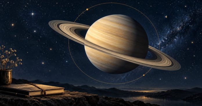 Saturn return and personal reflection Illustration of ringed Saturn above a journal against a starry sky