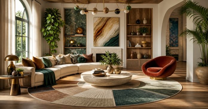 Elegant living room combining varied zodiac-inspired colors, textures, and design styles