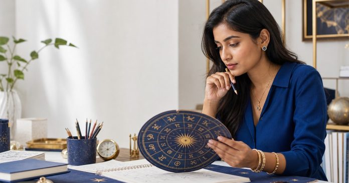 Woman comparing a zodiac journal with an evidence-aware intuition log