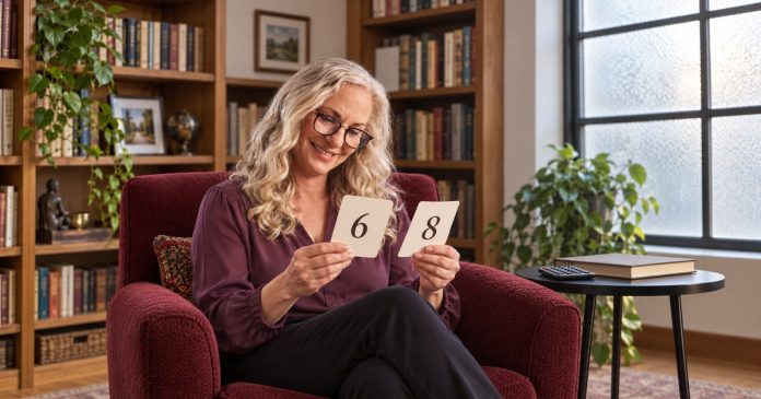 A woman comparing simple numerology cards marked 6 and 8 in a quiet reading nook.