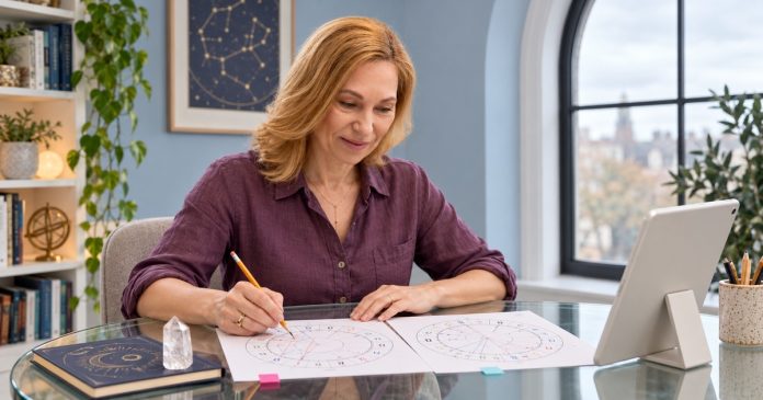 A woman comparing two printed astrology charts at a glass desk beside a white tablet.