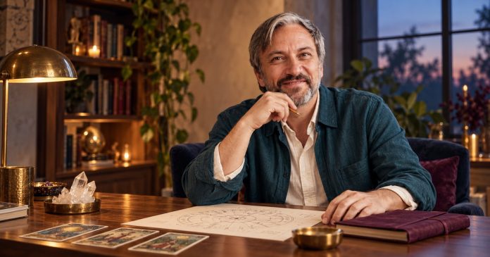 Man seated with an astrology chart, tarot cards and crystals in a warmly lit study
