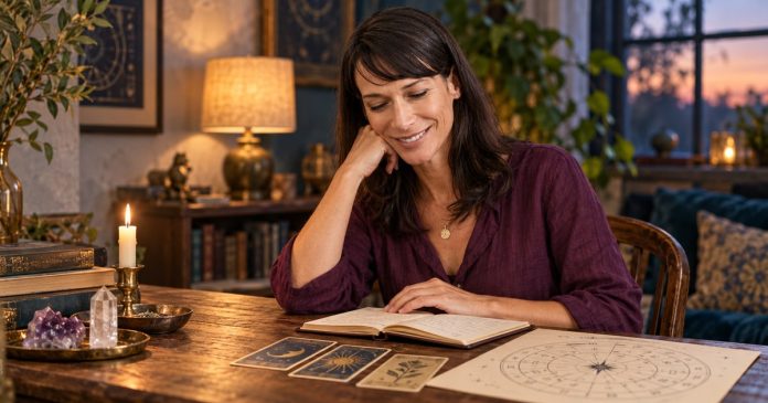 Woman reflecting in a journal beside tarot cards, crystals and an astrology wheel in a warmly lit study