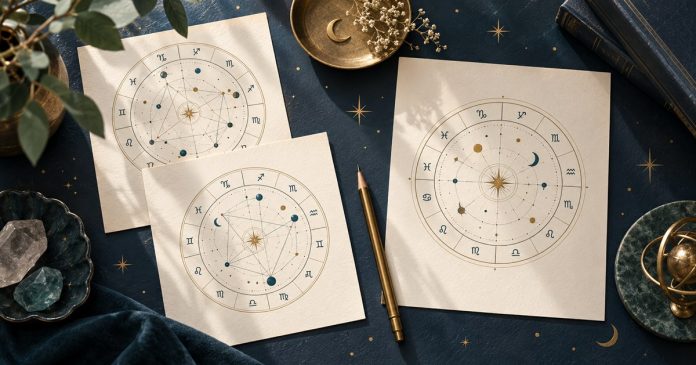 Illustrative astrology charts on cream paper beside a brass pencil.